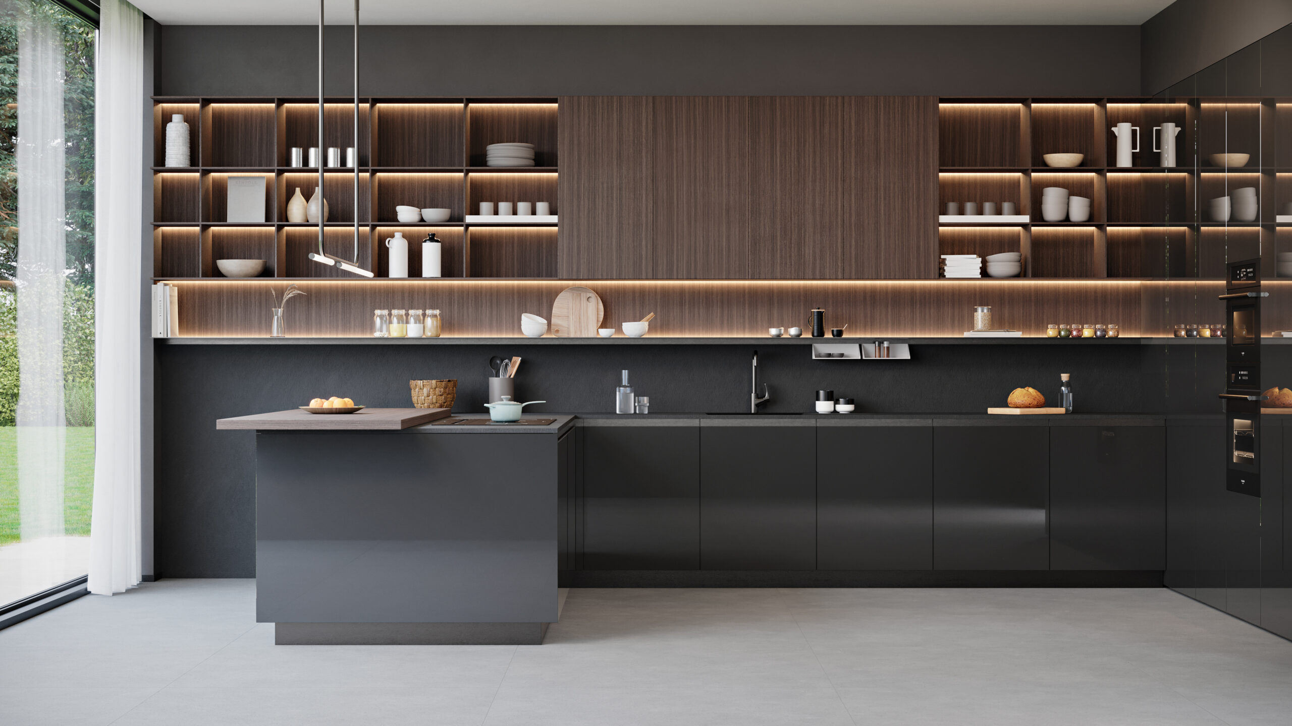 Image of a kitchen with cabinets made with Thermally Fused Laminate in color Espresso and Acrylic Laminates in Charcoal in Gloss finish by Duramar.