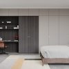 Image of a room with closets made with Thermally Fused Laminate in color Midnight Mist and Acrylic Laminates in Stone in Matt finish by Duramar.