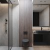 Image of a bathroom with cabinets made with Thermally Fused Laminate in color Swedish Elm and Acrylic Laminates in Charcoal in Gloss finish by Duramar.