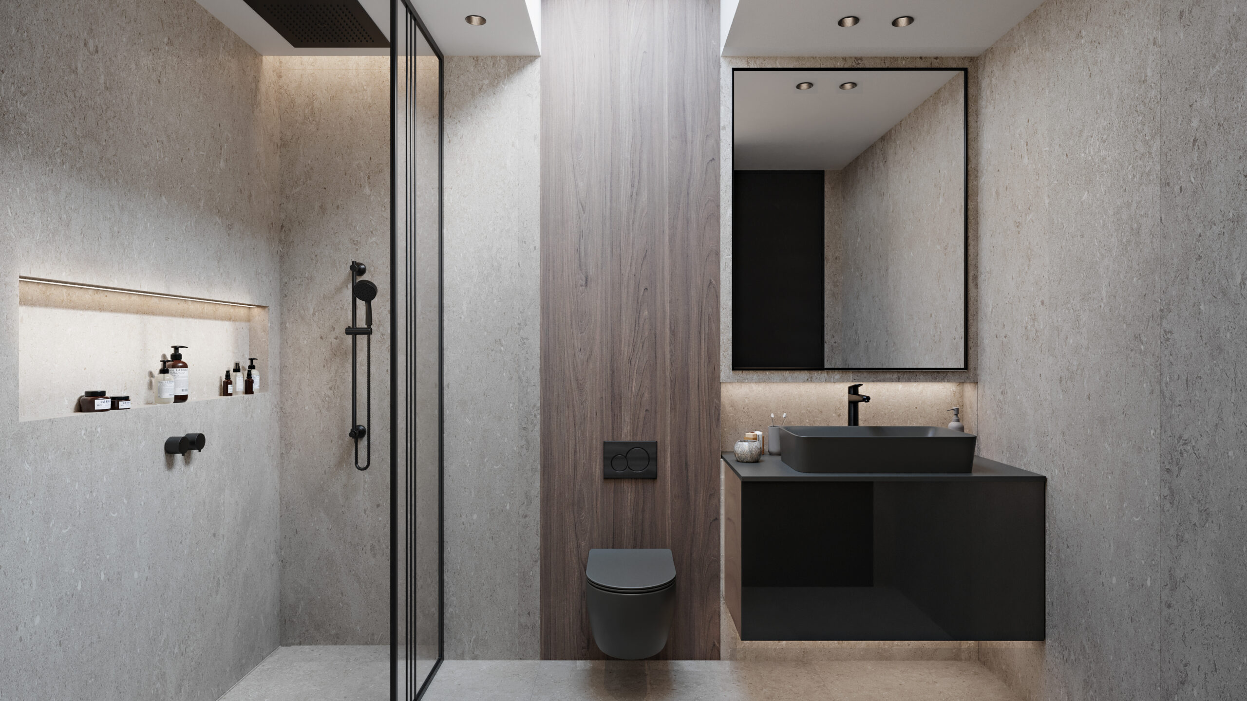 Image of a bathroom with cabinets made with Thermally Fused Laminate in color Swedish Elm and Acrylic Laminates in Charcoal in Gloss finish by Duramar.