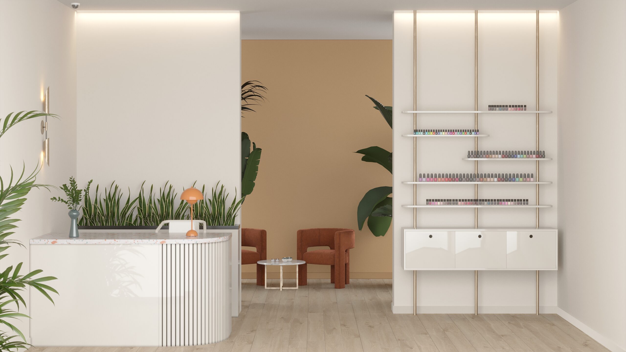 Image of a Beauty Salon with furniture made with Thermally Fused Laminate in Northern Hemisphere and Acrylic Laminates in Porcelain in Gloss finish by Duramar.