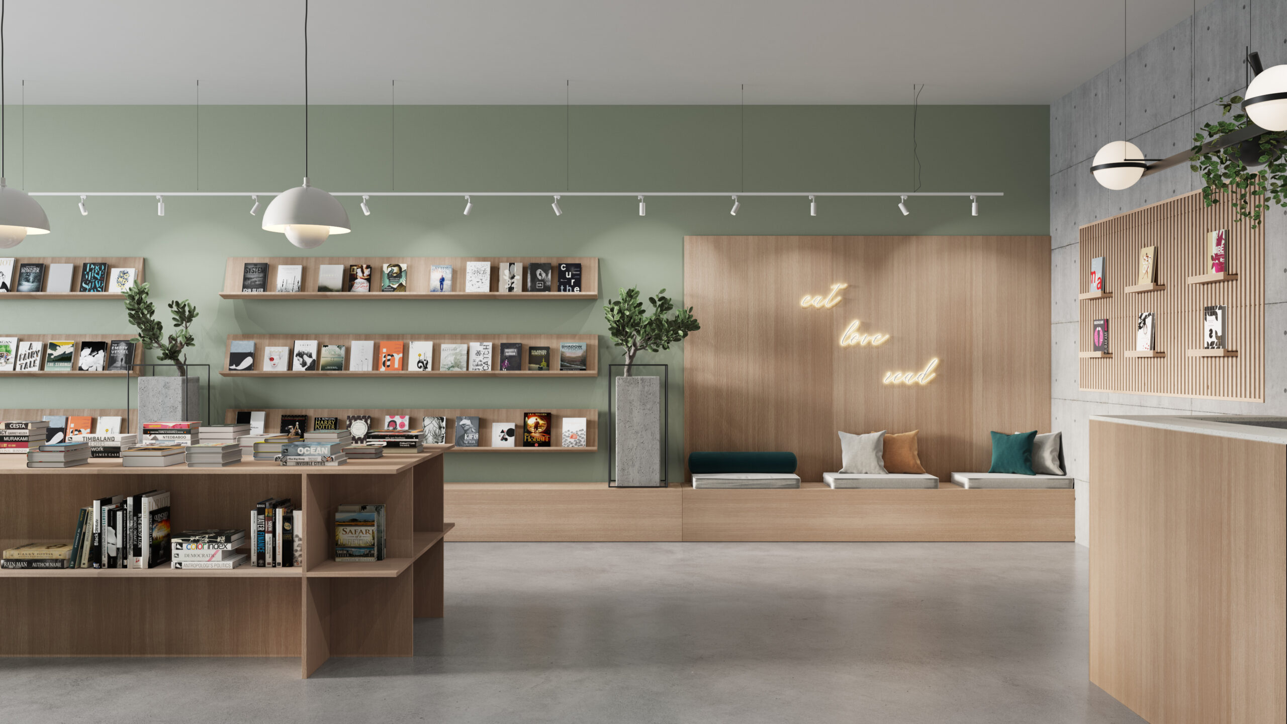 Image of a Book Store with furniture made with Thermally Fused Laminate in Rift Oak by Duramar.