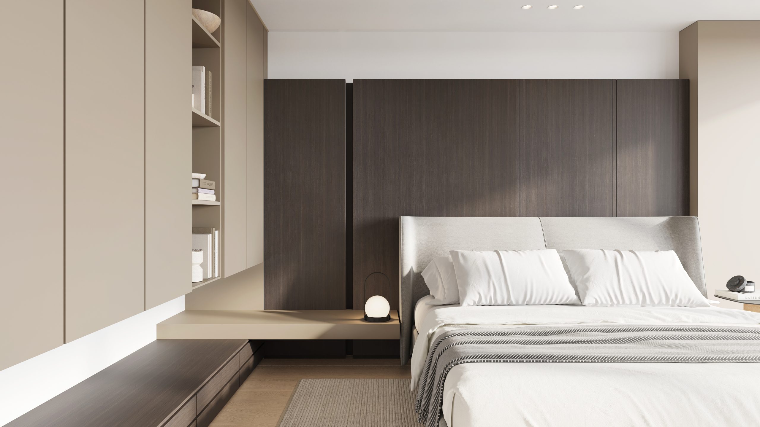 Image of a Bedroom with furniture made with Thermally Fused Laminate in Color Dark Cocoa and Acrylic Laminate in Taupe in Matt finish by Duramar.