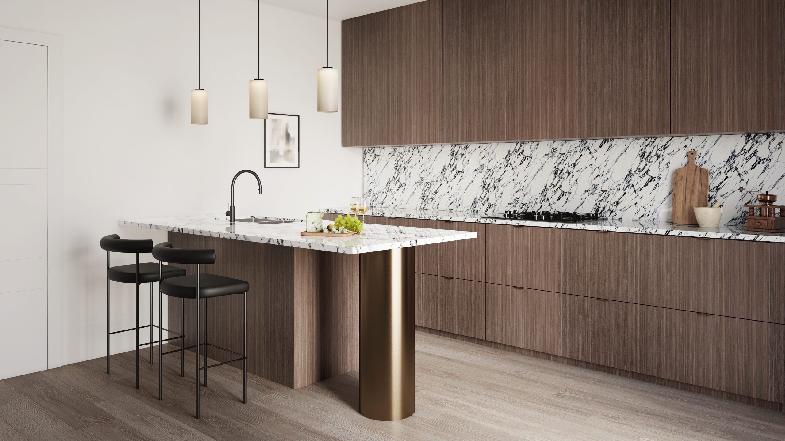 Image of a kitchen with cabinets made with Thermally Fused Laminate in color Espresso by Duramar.