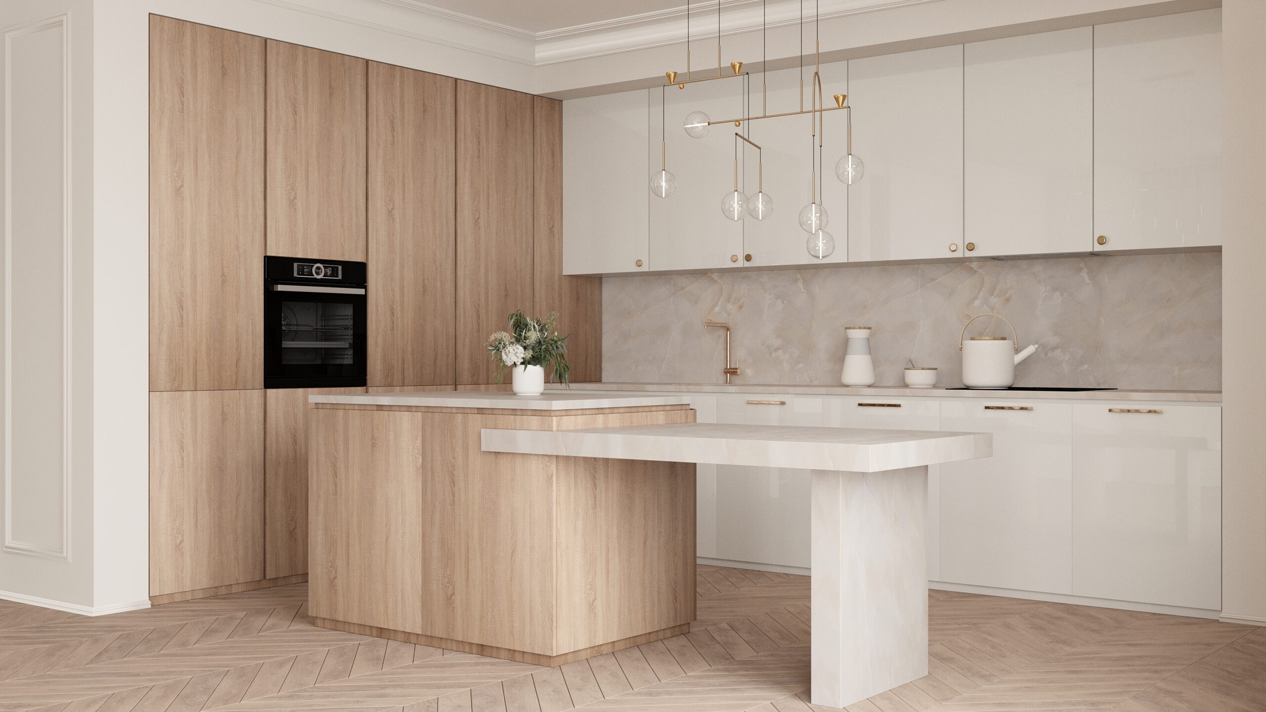 Image of a kitchen with cabinets made with Thermally Fused Laminate in color Rustic Oak and Acrylic Laminates in Porcelain in Gloss finish by Duramar.