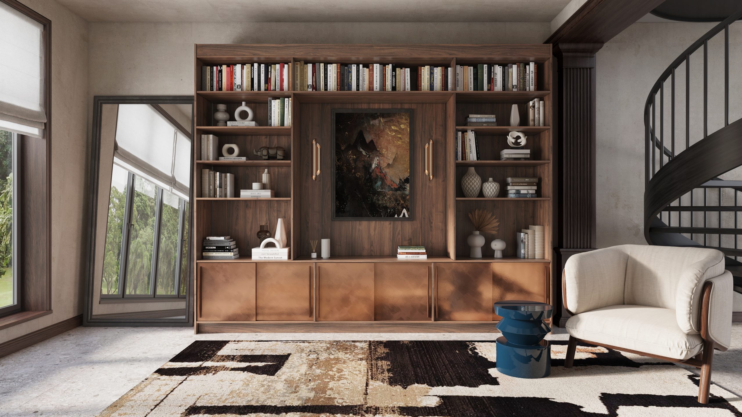 Lounge area made with TFL Laminates DuraDECOR in color Parisian Walnut Image of a Lounge area with bookcase made with Thermally Fused Laminate in color Parisian Walnut by Duramar.