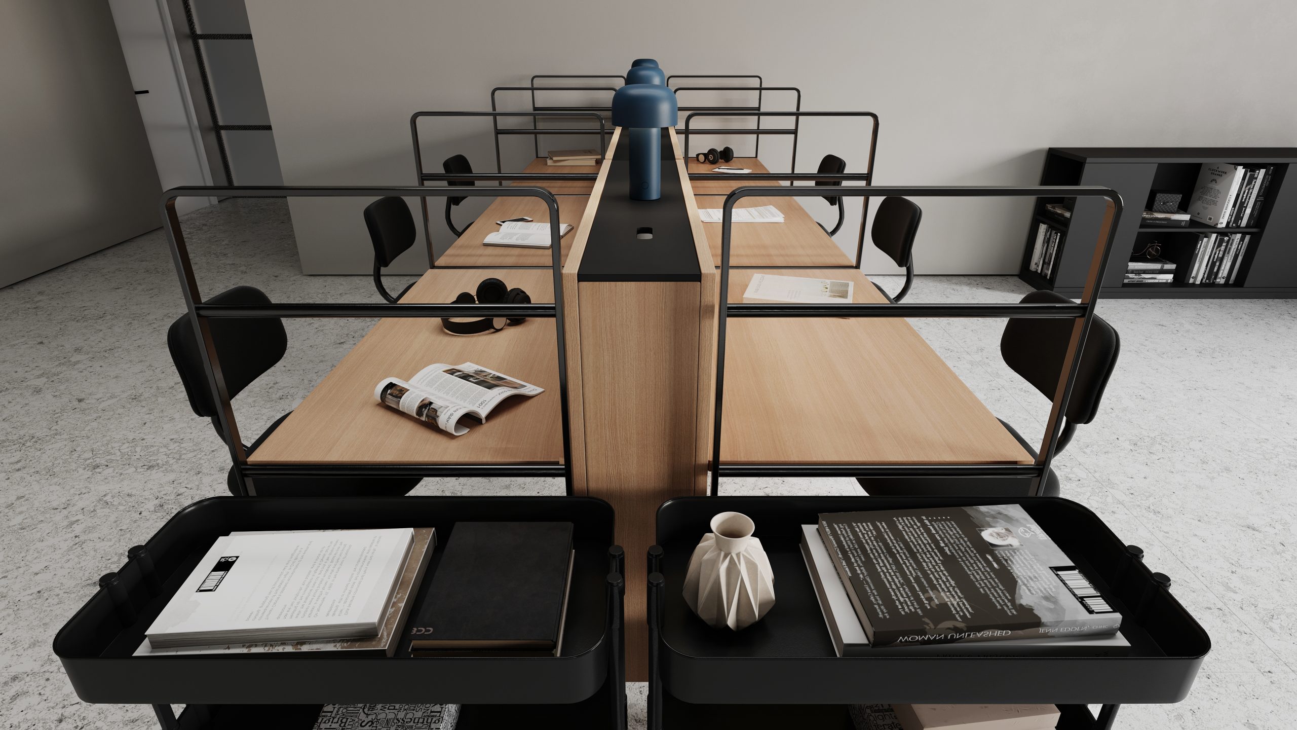 Image of am Office with furniture made with Thermally Fused Laminate in Rift Oak by Duramar.