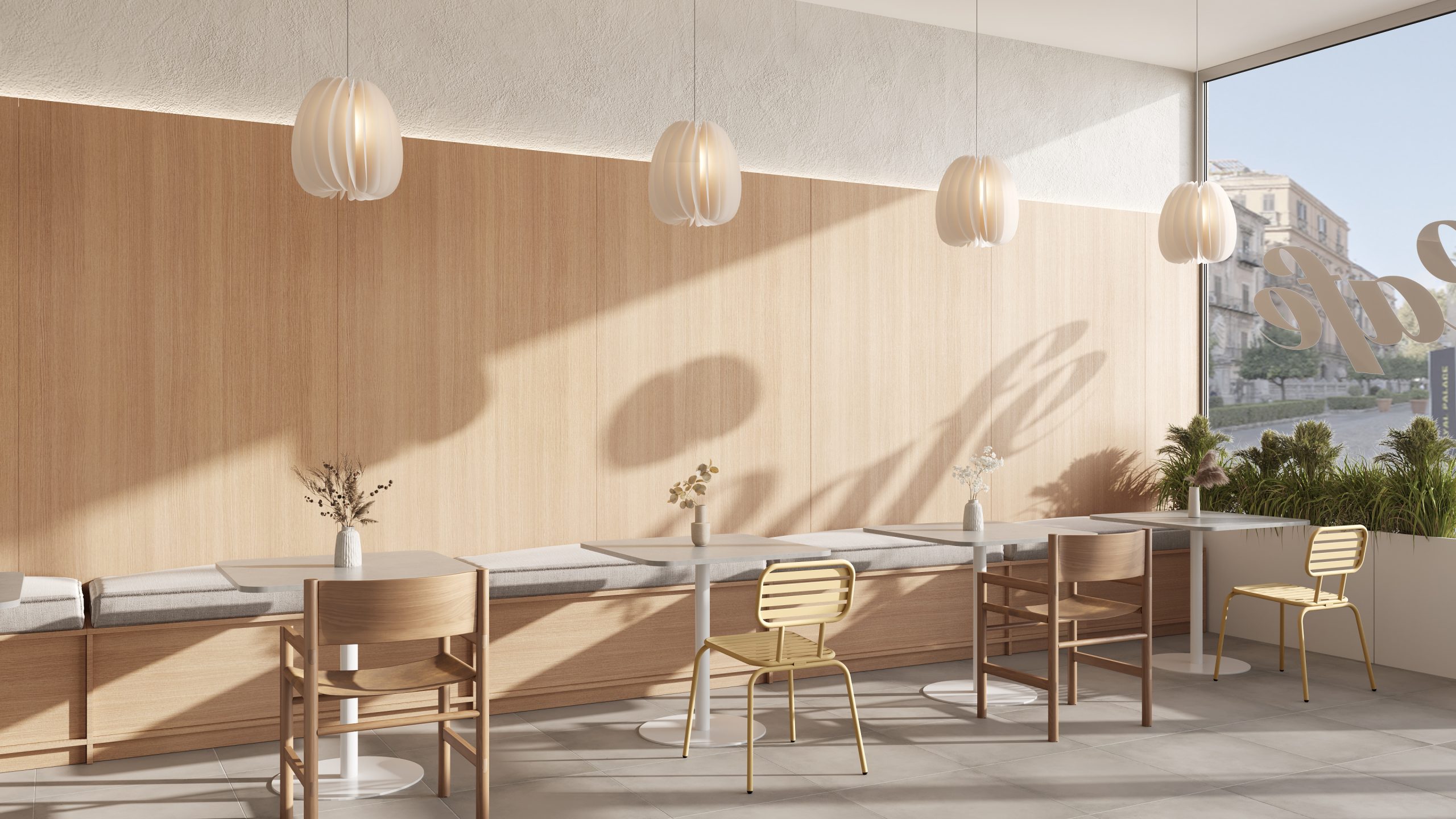 Image of a Restaurant with furniture made with Thermally Fused Laminate in Rift Oak by Duramar.