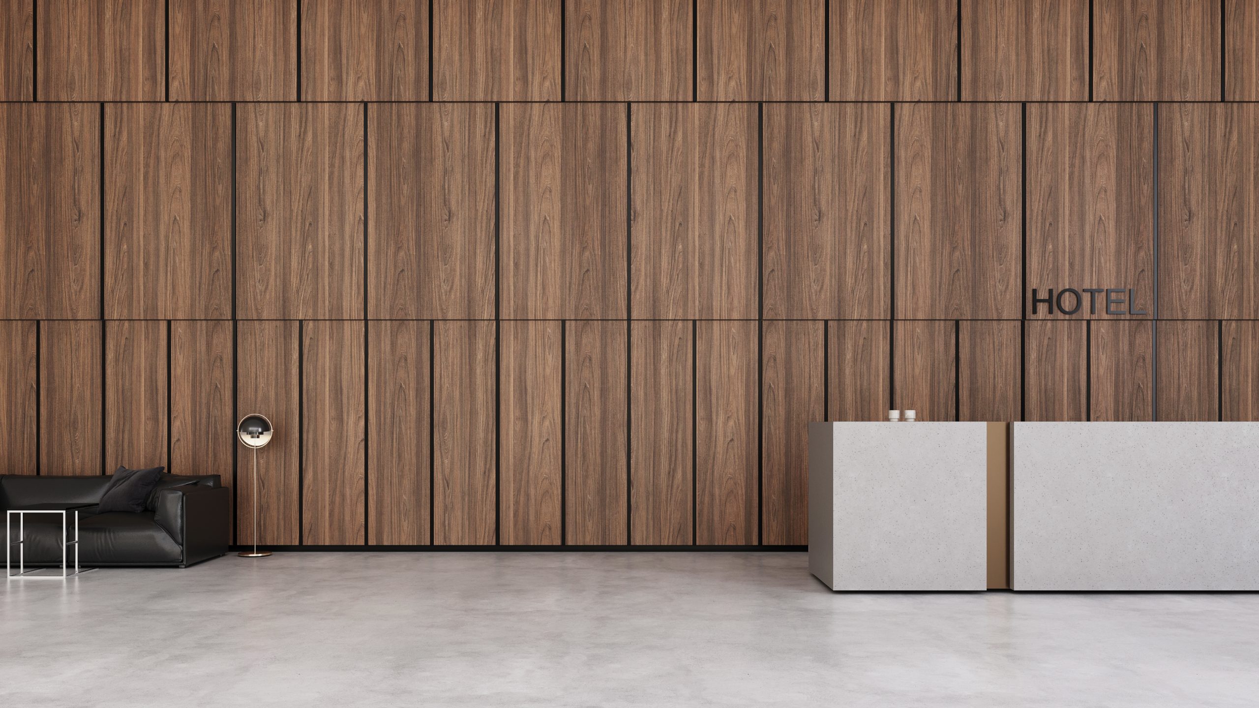 Image of a Hotel Lobby area with built-in wall panel made with Thermally Fused Laminate in Swedish Elm by Duramar.