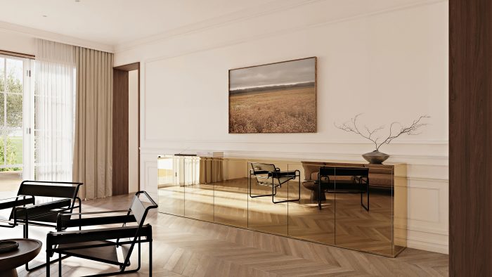 Image of a Living Room with console furniture made with Laminate Panels in Gold in Reflection finish by Duramar.