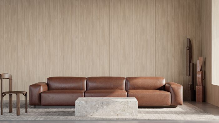 Image of a Living Room with wall paneling made with Thermally Fused Laminate in Emiko in Ultratex finish by Duramar.