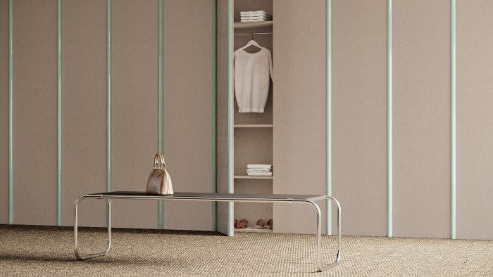 Image of a Closet with cabinetry made with Thermally Fused Laminate in Oatmeal Lino in Ultratex finish by Duramar.