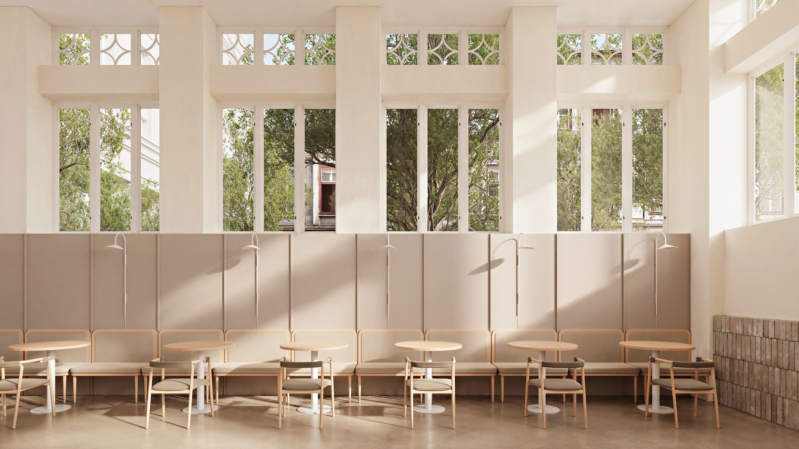 Restaurant with wall paneling made with Thermally Fused Laminate in Taupe Lino in Ultratex finish by Duramar. Image of a Restaurant with wall paneling made with Thermally Fused Laminate in Taupe Lino in Ultratex finish by Duramar.