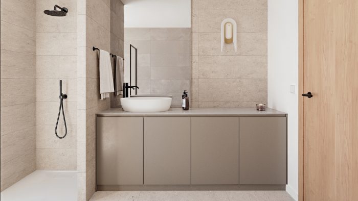 Image of a Bathroom with cabinetry made with Thermally Fused Laminate in Torrey by Duramar.