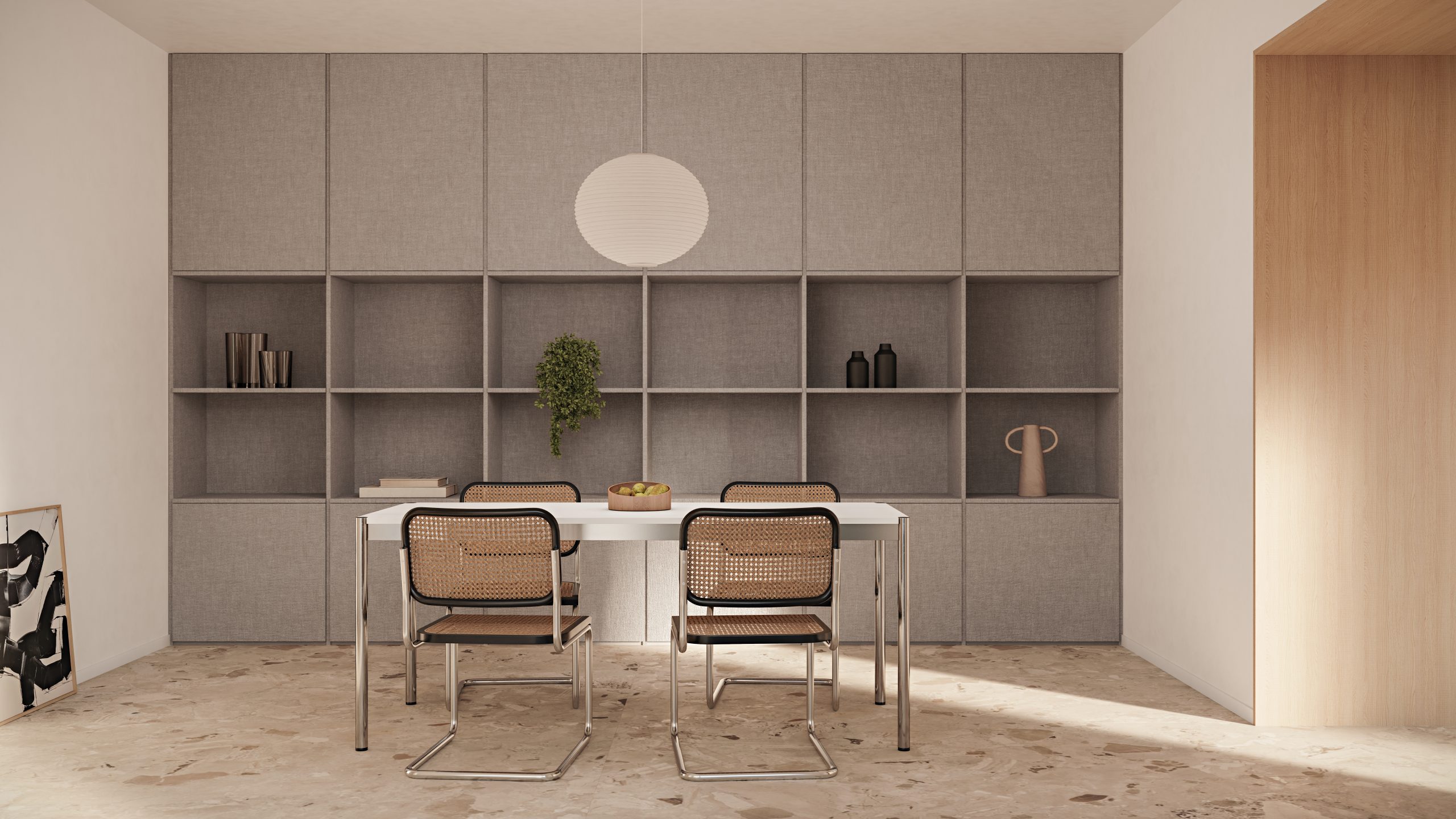 Image of a Studio with cabinetry and door frame made with Thermally Fused Laminate in Ash Lino and Rift Oak, respectively, by Duramar.