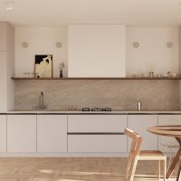 Image of a Kitchen with cabinetry made with Thermally Fused Laminate in Joshua color by Duramar.