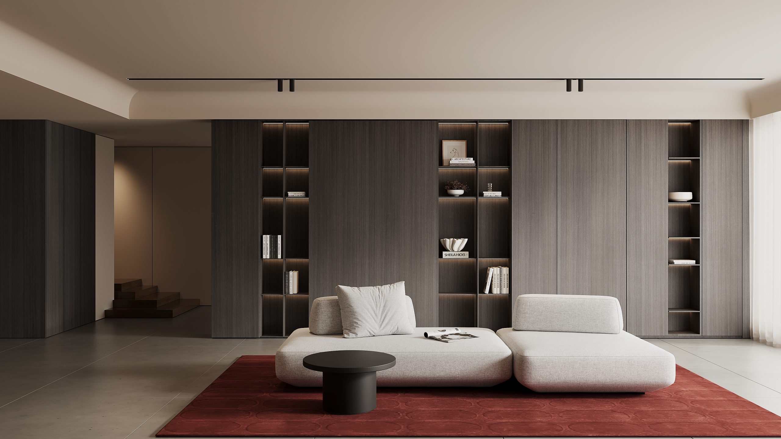 Image of a Living room with wall panels made with Thermally Fused Laminate in Midnight Mist woodgrain by Duramar.