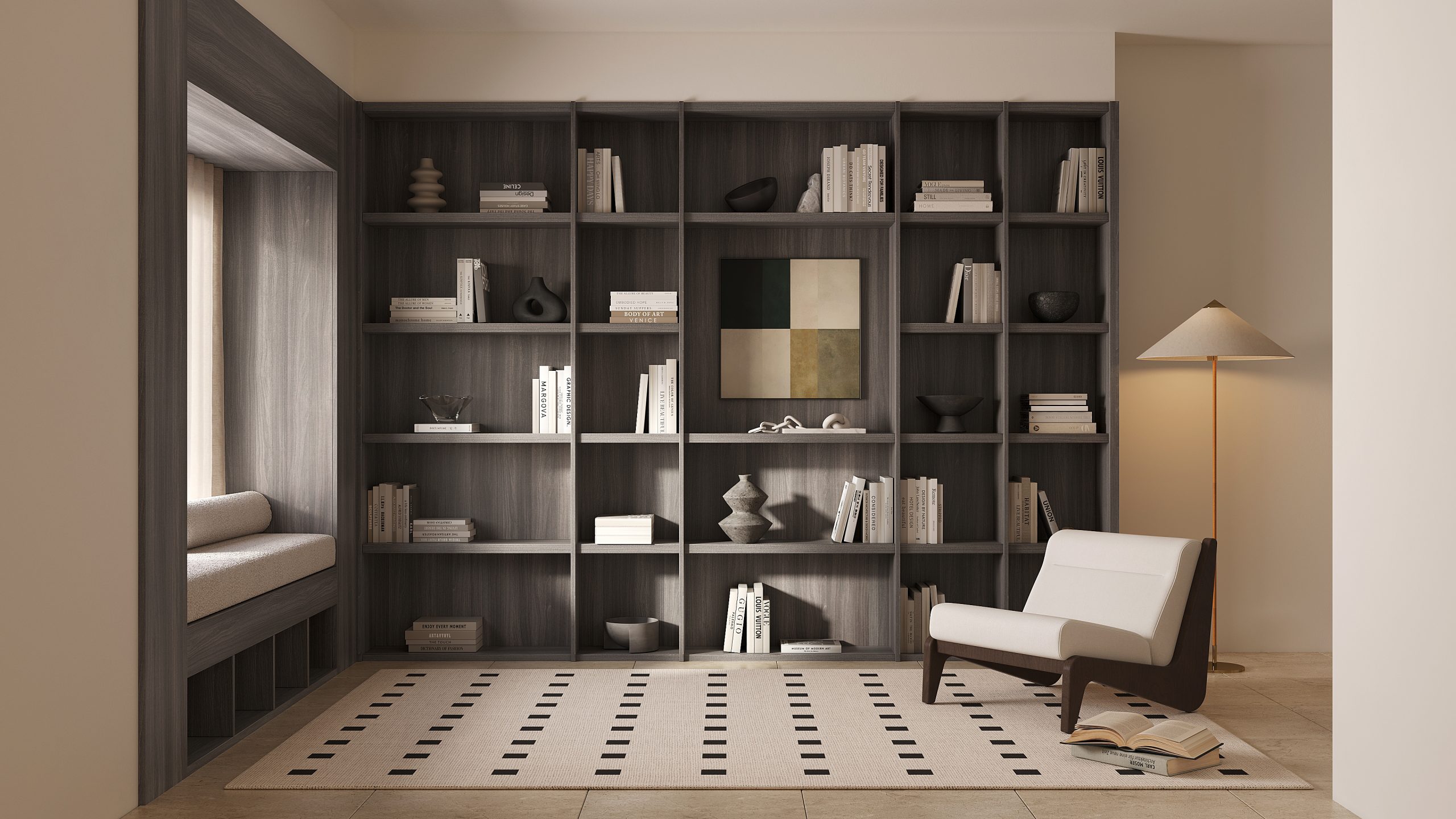 Image of a studio with a bookshelf made with Thermally Fused Laminate in Pewter Maple woodgrain by Duramar.