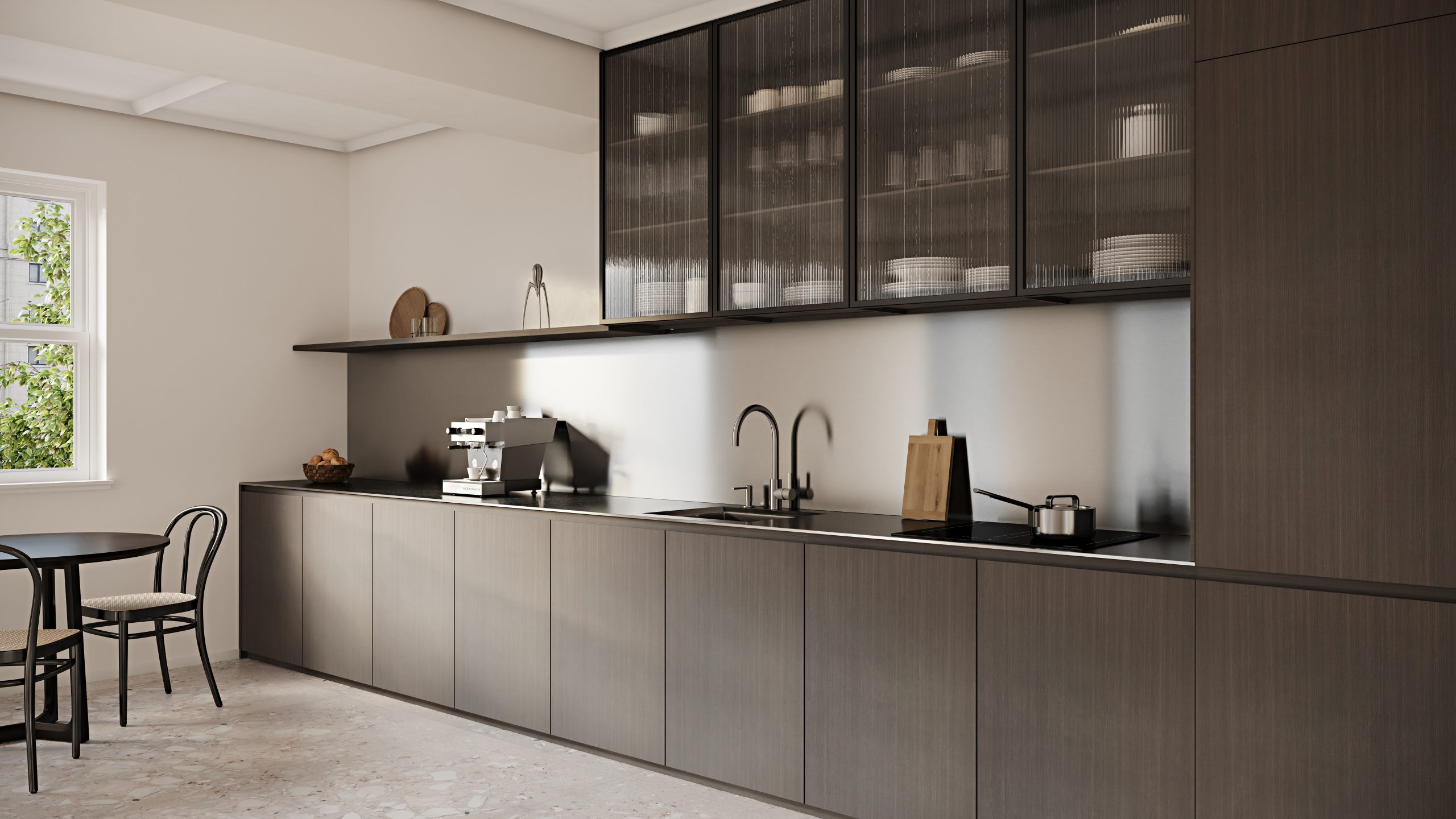 Image of a kitchen with cabinetry made with Thermally Fused Laminate in Dark Cocoa woodgrain by Duramar.